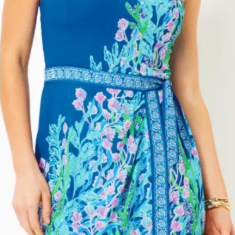 Lilly Pulitzer Blue Floral Wrap Jumpsuit with Pink & Aqua Accents